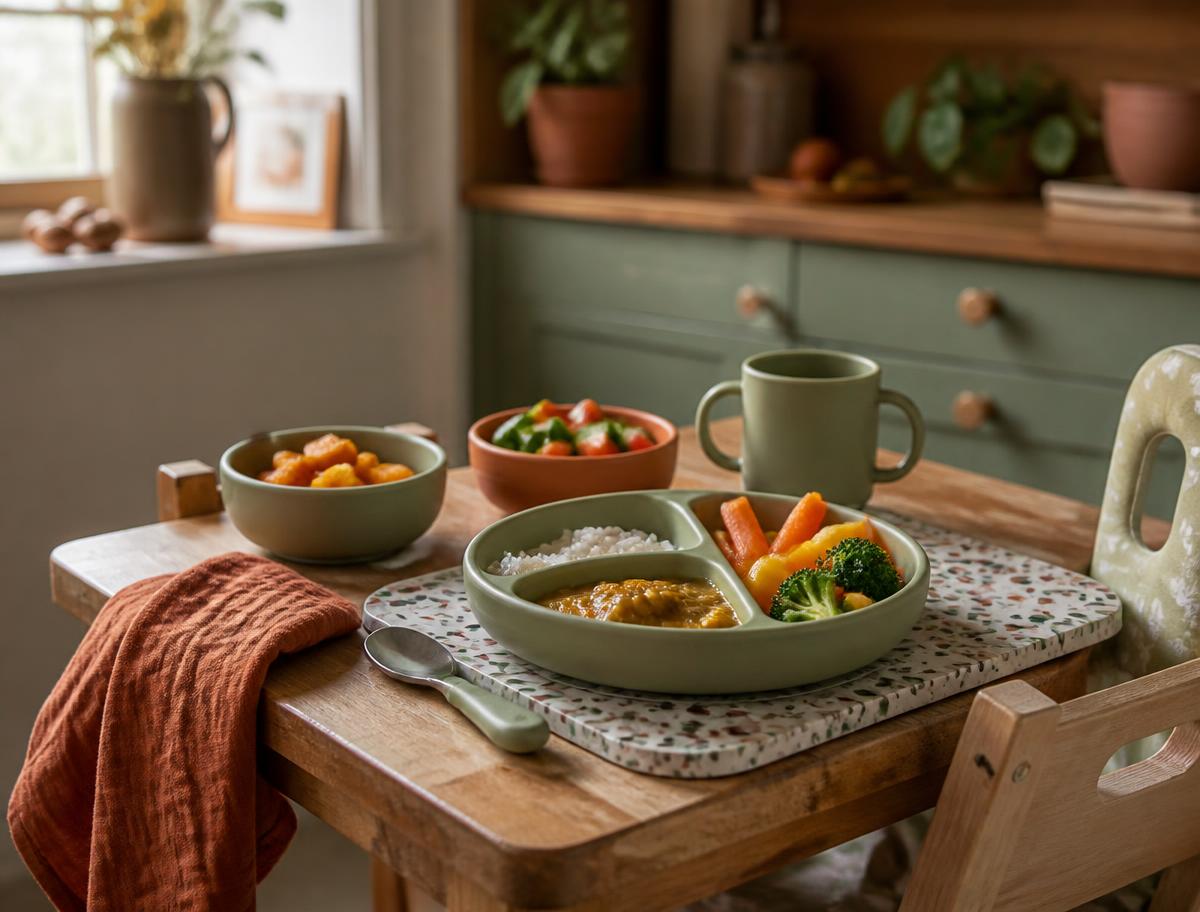 Freshly cooked homemade lunch plated in small bowls on a child-sized table