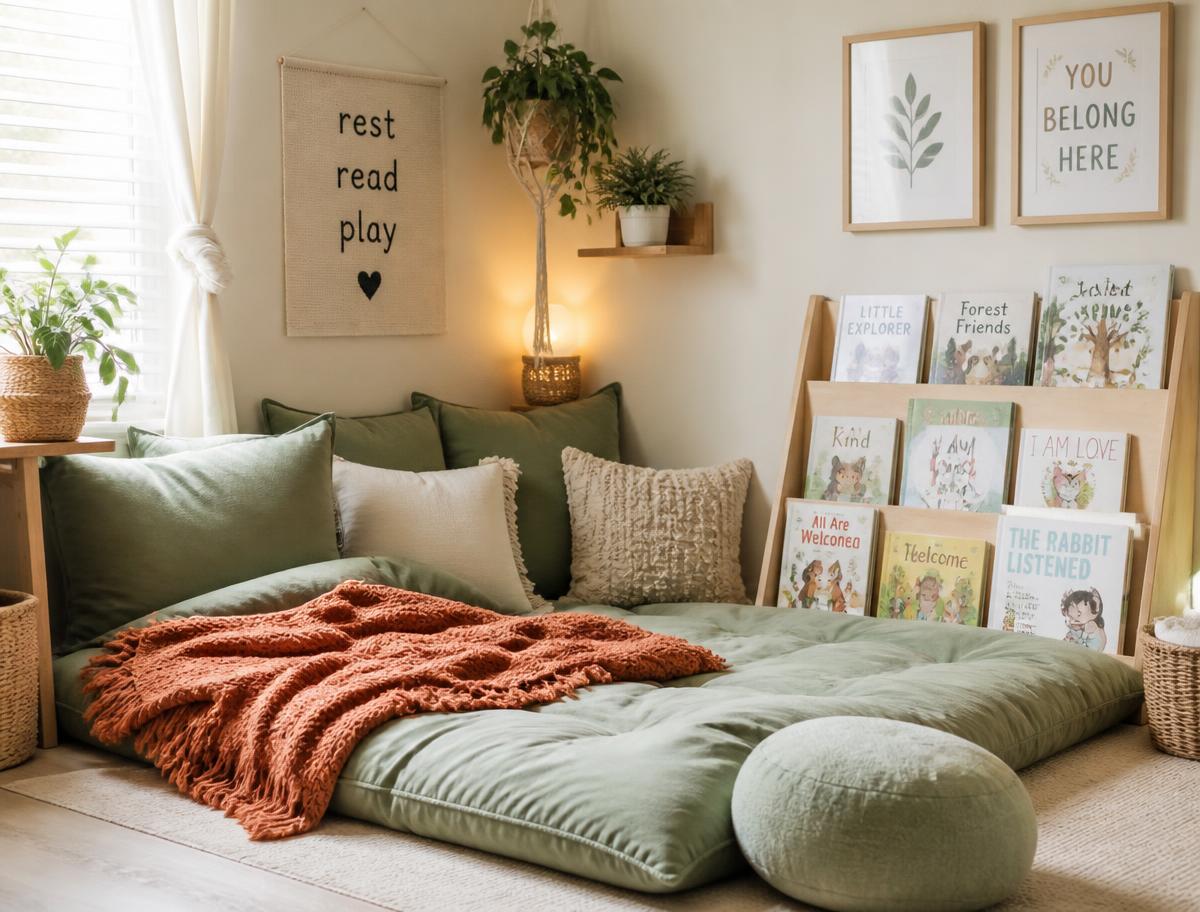 Quiet reading and nap corner with cushions, soft blankets and a low shelf of picture books