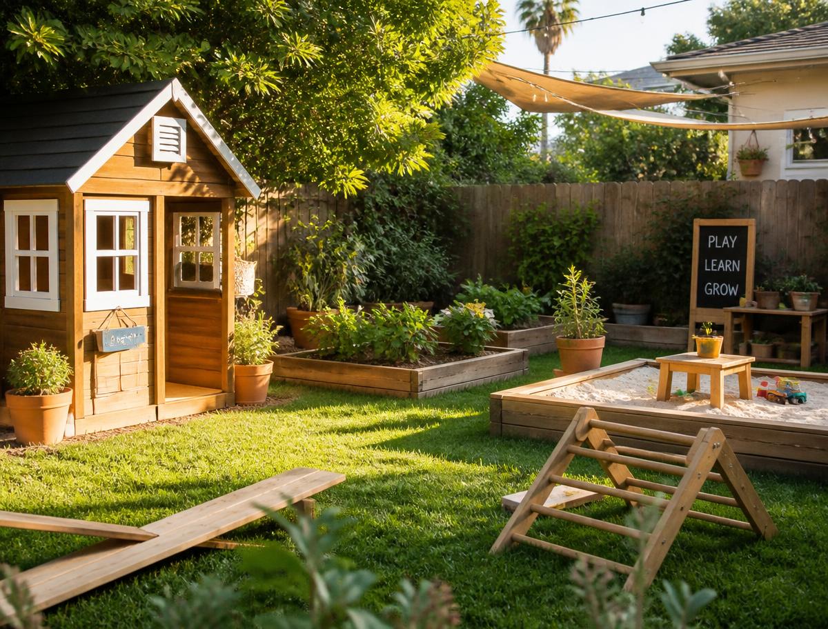 Fenced backyard with a playhouse, sandbox and raised garden beds